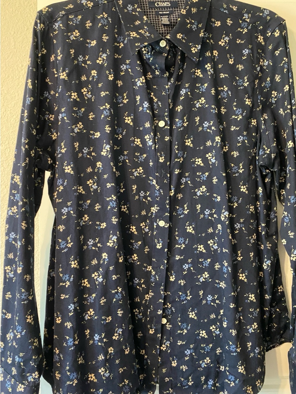 Chaps Navy Button-Down Shirt with Small Blue and Cream Floral Print